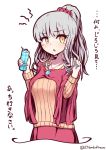 1girl absurdres bangs blue_nails bottle capelet carmilla_(fate/grand_order) collarbone eyebrows_visible_through_hair fate/grand_order fate_(series) feet_out_of_frame fingernails hairband highres holding holding_bottle long_fingernails nail_polish open_mouth orange_sweater ponytail red_capelet red_hairband red_skirt sharp_fingernails silver_hair simple_background skirt solo sweatdrop sweater yellow_eyes yuya090602 