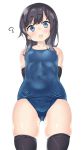  1girl :o ? absurdres arm_warmers arms_behind_back asashio_(kantai_collection) ass_visible_through_thighs black_hair black_legwear blue_eyes blue_swimsuit blush breasts covered_navel detached_sleeves ebifurya eyebrows_visible_through_hair from_below head_tilt highres kantai_collection lips navel one_eye_closed open_mouth school_swimsuit shiny shiny_skin simple_background skindentation small_breasts solo sparkle swimsuit thigh-highs thighs wet white_background 