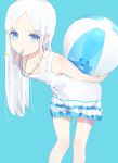  1girl ball beachball blue_background blue_eyes commentary dress highres long_hair looking_at_viewer original tr_(hareru) white_dress white_hair 