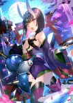 1girl alcohol ankle_ribbon arched_back ass bangs bare_shoulders black_footwear blurry_foreground bob_cut breasts bubble cherry_blossoms commentary cup dutch_angle eyeshadow falling_petals fangs fate/grand_order fate_(series) food from_behind fruit full_moon gem gourd grapes hair_between_eyes headpiece highres holding holding_cup japanese_clothes kimono kneeling light_rays long_sleeves looking_at_viewer looking_back makeup moon moonlight namyo night night_sky oni oni_horns open_clothes open_kimono open_mouth peach petals pink_eyes pink_ribbon pouring print_sleeves purple_hair purple_kimono revealing_clothes ribbon sakazuki sake shide shiny shiny_hair short_hair shuten_douji_(fate/grand_order) signature sky slit_pupils small_breasts solo torii tree turtleneck water water_drop white_skin wide_sleeves 