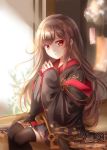  1girl brown_hair chiroyo commission day eyebrows_visible_through_hair japanese_clothes kimono long_hair looking_at_viewer original red_eyes sitting solo thigh-highs watermark wind 