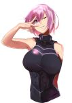  1girl absurdres bare_shoulders blush breasts collar fate/grand_order fate_(series) fujitsubo_(hujitubo0731) gloves grin hair_between_eyes highres large_breasts lavender_hair looking_at_viewer mash_kyrielight metal_collar one_eye_closed plackart purple_gloves short_hair simple_background smile solo violet_eyes waist white_background 
