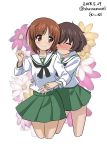  2girls absurdres akiyama_yukari bangs black_neckwear blouse blush brown_eyes brown_hair clenched_hand closed_mouth commentary_request cropped_legs dated excel_(shena) eyebrows_visible_through_hair floral_background girls_und_panzer green_skirt highres hug hug_from_behind long_sleeves looking_at_another looking_back messy_hair miniskirt multiple_girls neckerchief nishizumi_miho ooarai_school_uniform pleated_skirt school_uniform serafuku short_hair skirt smile standing tearing_up twitter_username watermark white_background white_blouse 