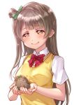  10s 1girl bangs bird blush bow bowtie collared_shirt commentary_request eyebrows_visible_through_hair green_bow grey_hair hair_bow half-closed_eyes heart holding holding_bird long_hair love_live! love_live!_school_idol_project minami_kotori minami_kotori_(bird) one_side_up otonokizaka_school_uniform red_neckwear school_uniform shirt short_sleeves simple_background smile solo striped_neckwear sweater_vest upper_body usamaru67pi white_background yellow_eyes 