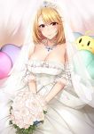  1000000000 1girl azur_lane bare_shoulders blonde_hair breasts bridal_veil cleavage dress heart heart_pillow jewelry large_breasts necklace pillow prince_of_wales_(azur_lane) red_eyes smile solo stuffed_animal stuffed_toy veil wedding_dress 
