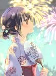  1girl aerial_fireworks black_hair blurry blurry_background blush brown_eyes closed_mouth clouds commentary_request depth_of_field fan fingernails fireworks floral_print from_side hair_ornament hand_up holding holding_fan japanese_clothes kimono kuga_tsukasa obi original paper_fan print_kimono profile sash sideways_mouth sky solo tears uchiwa white_kimono yukata 