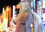  1girl animal_ears aqua_eyes bangs bare_arms bare_shoulders biceps bikini_top black_sky breasts caenis_(fate) city city_lights commentary_request dark_skin eyebrows_visible_through_hair fate/grand_order fate_(series) from_behind grin hair_intakes jacket_over_shoulder jikihatiman large_breasts long_hair long_ponytail muscle muscular_female night outdoors smile solo standing upper_body urban white_hair 