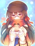  1girl azur_lane bangs blue_skirt blush brown_hair coat commentary_request covered_mouth cup disposable_cup drinking_straw eyebrows_visible_through_hair fringe glasses hair_between_eyes hands_up head_tilt heart holding holding_cup interlocked_fingers london_(azur_lane) long_hair long_sleeves open_clothes open_coat pleated_skirt red-framed_eyewear red_eyes red_scarf sakurato_ototo_shizuku scarf semi-rimless_eyewear shirt skirt solo under-rim_eyewear very_long_hair white_coat white_shirt 