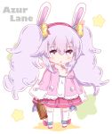  1girl animal_ears azur_lane bangs blush bottle camisole chibi commentary_request copyright_name eyebrows_visible_through_hair full_body hair_between_eyes hair_ornament hairband holding holding_bottle hotaruru jacket laffey_(azur_lane) long_hair long_sleeves looking_at_viewer parted_lips pink_jacket pleated_skirt purple_hair rabbit_ears red_hairband red_skirt skirt sleeves_past_wrists solo standing star starry_background strap_slip thigh-highs transparent twintails very_long_hair violet_eyes white_background white_camisole white_legwear wide_sleeves 