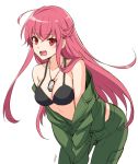 1girl :d bangs bare_shoulders between_breasts black_bra bra breasts cleavage collarbone dog_tags eyebrows_visible_through_hair green_jacket green_pants jacket leaning_forward long_hair long_sleeves looking_at_viewer medium_breasts milcho off_shoulder open_clothes open_jacket open_mouth original pants pink_hair red_eyes sidelocks signature simple_background sleeves_past_fingers sleeves_past_wrists smile solo straight_hair teeth underwear very_long_hair white_background 