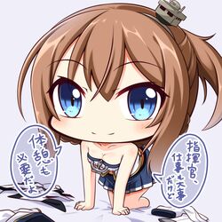  1girl all_fours azur_lane bangs bare_arms bare_shoulders bed_sheet blue_eyes blue_skirt breasts brown_hair chibi cleavage closed_mouth collarbone commentary_request elbow_gloves eyebrows_visible_through_hair gloves gloves_removed grey_background hair_between_eyes hair_ornament long_hair looking_at_viewer medium_breasts one_side_up pleated_skirt repulse_(azur_lane) shachoo. shirt skirt smile solo strapless translated white_gloves white_shirt 