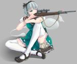  1girl aiming arm_support black_hairband bloomers bolt_action chinese_commentary commentary_request dress flower green_eyes gun hairband konpaku_youmu konpaku_youmu_(ghost) lolipantherwww mary_janes one_eye_closed puffy_short_sleeves puffy_sleeves rifle scope shoes short_hair short_sleeves silver_hair simple_background sitting sniper_rifle thigh-highs touhou underwear weapon 