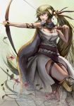  1girl aiming arrow artist_name blue_eyes bow_(weapon) breasts character_request cleavage commentary deviantart_username drawing_bow dress english_commentary flower grey_dress hair_between_eyes highres holding holding_arrow holding_bow_(weapon) holding_weapon jewelry klegsart long_hair medium_breasts necklace outstretched_arm ponytail puzzle_&amp;_dragons quiver red_flower shiny shiny_hair sidelocks solo very_long_hair weapon 