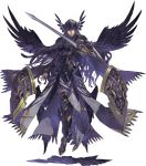  armor armored_dress black_wings cape feather_trim feathered_wings floating gauntlets greaves helmet hrist_valkyrie long_hair looking_at_viewer official_art ornate_armor red_eyes shield sword valkyrie_anatomia valkyrie_profile weapon wings 