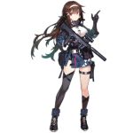  1girl artist_request asymmetrical_legwear belt belt_pouch brown_hair bullpup earpiece girls_frontline gun handband js_9_mm_(girls_frontline) long_hair mechanical_arm official_art pouch red_eyes scarf scope shoes sneakers socks solo submachine_gun suppressor thigh-highs weapon 