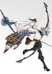  1girl aircraft azur_lane black_belt black_neckwear boots bow_(weapon) collared_shirt commentary_request compound_bow deck enterprise_(azur_lane) eyebrows_visible_through_hair flight_deck grey_background hat high_heel_boots high_heels highres holding holding_bow_(weapon) holding_weapon military miniskirt necktie nekkusu_(nex_06) peaked_cap pleated_skirt shirt silver_hair skirt sleeveless sleeveless_shirt smile solo thigh-highs underbust violet_eyes weapon white_hat 