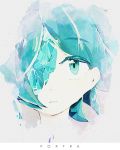 1other androgynous aqua_eyes aqua_hair arm_at_side closed_mouth commentary_request covered_eye eguchi_saan english_text eyebrows_visible_through_hair highres houseki_no_kuni looking_at_viewer medium_request paper_(medium) phosphophyllite portrait solo symbol_commentary text_focus