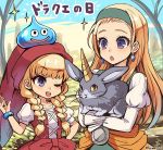  2girls ;d animal bangs blonde_hair bracelet braid dragon_quest dragon_quest_xi earrings eyebrows_visible_through_hair fujimaru_(green_sparrow) green_hairband hairband hat jewelry juliet_sleeves long_hair long_sleeves looking_at_another multiple_girls on_head one_eye_closed open_mouth puffy_short_sleeves puffy_sleeves rabbit red_hat senya_(dq11) short_sleeves siblings sisters slime_(dragon_quest) smile sparkle straight_hair teeth twin_braids twitter_username veronica_(dq11) violet_eyes 
