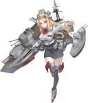  1girl blonde_hair blue_eyes breasts headgear kantai_collection konishi_(koconatu) large_breasts long_hair machinery military military_uniform nelson_(kantai_collection) official_art outstretched_arm thigh-highs turret uniform weapon zettai_ryouiki 