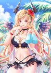  1girl :p ass_visible_through_thighs bikini black_bikini_top black_choker black_skirt blonde_hair blue_sky breasts choker cleavage closed_mouth clouds collarbone commentary_request curled_horns dark_angel_olivia day dripping feathered_wings fingernails flower food food_on_finger granblue_fantasy groin hair_flower hair_ornament hand_to_own_mouth holding holding_food horns long_hair medium_breasts melting nail_polish navel orange_flower outdoors palm_tree pink_nails pleated_skirt popsicle purple_wings red_eyes red_flower see-through showgirl_skirt signature skirt sky smile solo swimsuit tongue tongue_out tree very_long_hair villyane white_bikini_bottom wings 