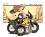  2018 2girls anbj backpack bag bare_arms black_hair black_jacket breasts brown_eyes camouflage_print chin_strap commentary crop_top crossover driving frying_pan green_eyes ground_vehicle gun happy_new_year helmet holding holding_weapon idolmaster idolmaster_cinderella_girls jacket kriss_vector large_breasts leg_strap light_brown_hair long_sleeves looking_back looking_to_the_side midriff morikubo_nono motor_vehicle motorcycle motorcycle_helmet multiple_girls new_year pants playerunknown&#039;s_battlegrounds ponytail shirt shoes short_shorts short_sleeves shorts sidecar sitting spare_tire submachine_gun t-shirt weapon weapon_request yamato_aki yellow_pants 