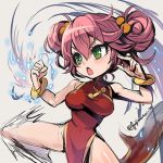  1girl bangs bare_shoulders bracelet china_dress chinese_clothes double_bun dress fighting_stance final_fantasy final_fantasy_v fujimaru_(green_sparrow) green_eyes groin hair_between_eyes jewelry lenna_charlotte_tycoon lowres monk_(final_fantasy) open_mouth pelvic_curtain pink_hair red_dress short_hair simple_background sleeveless sleeveless_dress solo taut_clothes taut_dress twitter_username v-shaped_eyebrows white_background 