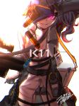  1girl arm_up assault_rifle backlighting bangs belt bikini black_bikini black_panties blue_shorts breasts buckle coat cooler cowboy_shot daewoo_k11 dated dress dropping explosive girls_frontline gloves grenade grey_coat gun hair_between_eyes holding holding_gun holding_weapon jewelry k11_(girls_frontline) leather_choker long_coat long_hair looking_at_viewer madcore medium_breasts messy_hair multiple_straps name_tag open_clothes open_coat open_dress panties parted_lips rifle shells short_shorts shorts side_ponytail sidelocks signature simple_background single_earring skindentation smirk solo strap swimsuit thigh_strap thighs underwear violet_eyes weapon white_background white_dress 