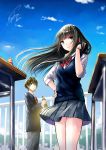  1boy 1girl black_hair blue_eyes blue_sky bottle cola day desk drink grey_pants grey_skirt hand_on_hip hand_up highres kazuharu_kina long_hair necktie original outdoors pants railing red_neckwear school_desk school_uniform skirt sky smile sweater_vest uniform 