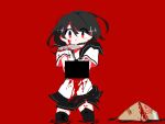  1girl black_hair black_legwear black_sailor_collar black_skirt blood blood_on_leg blood_stain bloody_clothes bloody_knife box commentary_request eguchi_saan flat_color kitchen_knife knife looking_at_viewer mouth_hold original red_background red_eyes sailor_collar shirt short_hair short_sleeves simple_background skirt solo thigh-highs white_shirt 