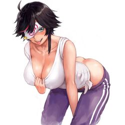  1girl ahoge ass bare_shoulders bent_over black_hair blue_eyes blush breasts butt_crack character_request cleavage cleavage_reach collarbone commentary_request copyright_request covered_nipples covering_eyes erect_nipples hanging_breasts large_breasts leaning_forward looking_at_viewer multicolored_hair one_eye_covered open_mouth original pants purple_pants short_hair shu-mai streaked_hair tongue tongue_out track_pants white_tank_top 