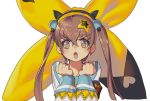  &gt;:o +_+ 1girl :o bow brown_eyes brown_hair clenched_hands davi_(destiny_child) destiny_child hair_between_eyes hair_bow hair_ornament hands_up long_hair looking_at_viewer school_uniform serafuku solo star star_hair_ornament transparent_background twintails upper_body yellow_bow 