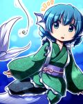  1girl :o animal_ears bait blue_background blue_eyes blue_hair commentary_request drill_hair eyebrows_visible_through_hair fishing_hook fishing_line floral_print green_kimono head_fins japanese_clothes kimono long_sleeves mermaid notice_lines obi outline parted_lips sash solo tottsuman touhou underwater wakasagihime white_outline wide_sleeves 