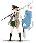  1girl black_footwear black_neckwear blonde_hair boots bow bowtie brown_eyes brown_jacket carrying_over_shoulder closed_mouth commentary emblem erwin_(girls_und_panzer) flag full_body girls_und_panzer goggles goggles_on_headwear green_hat hand_in_pocket hat heart hippopotamus holding holding_flag jacket long_sleeves looking_to_the_side military_hat military_jacket ooarai_school_uniform open_clothes open_jacket peaked_cap pointy_hair short_hair smile solo sonasiz standing white_background 