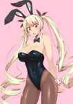  1girl animal_ears azur_lane black_leotard black_neckwear blonde_hair bow bowtie breasts brown_legwear bunny_girl bunny_tail bunnysuit chizuru_(chizucoman) cowboy_shot detached_collar highres large_breasts leotard long_hair looking_at_viewer nelson_(azur_lane) pantyhose pink_background rabbit_ears red_eyes simple_background solo standing strapless strapless_leotard tail twintails wrist_cuffs 