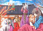  404_(girls_frontline) 5girls blouse blue_sky cherry_blossoms chinese_zodiac closed_eyes clouds cloudy_sky dog flower g11_(girls_frontline) girls_frontline hair_flower hair_ornament hanbok hk416_(girls_frontline) hug korean_clothes korean_traditional_hair_ornament looking_up multiple_girls puppy scar scar_across_eye sky surprised temple tree twintails ump40_(girls_frontline) ump45_(girls_frontline) ump9_(girls_frontline) year_of_the_dog 