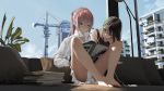  2girls apartment blue_eyes blue_sky book bottomless brown_eyes brown_hair building collared_shirt couch earphones girls_frontline highres knees_apart_feet_together lamp m4a1_(girls_frontline) multicolored_hair multiple_girls pink_hair plant potted_plant scaffolding shared_earphones shirt sitting sky skyscraper st_ar-15_(girls_frontline) streaked_hair tacshojosora tank_top 