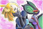  blonde_hair cowlick creatures_(company) game_freak gen_6_pokemon gladio_(pokemon) green_eyes hair_over_one_eye hand_on_own_face iwane_masaaki nintendo noivern pokemon pokemon_(anime) pokemon_(creature) pokemon_sm_(anime) ultra_guardians_uniform 