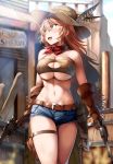  1girl bandeau bangs bare_shoulders barrel belt blonde_hair blue_eyes blush breasts brown_gloves center_opening character_request cleavage cleavage_cutout collarbone denim denim_shorts dual_wielding elbow_gloves gloves gun hair_between_eyes handgun hat hat_feather highres hips holding holster large_breasts lolicept long_hair looking_to_the_side navel open_mouth outdoors red_neckwear revolver short_shorts shorts smile solo sound_project_siva sunlight thigh_strap thighs under_boob waist weapon 