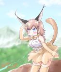  1girl animal_ears arm_up artist_logo blue_eyes blue_sky blush bow bowtie brown_gloves brown_hair brown_legwear brown_neckwear brown_skirt caracal_(kemono_friends) caracal_ears caracal_tail cross-laced_clothes day elbow_gloves extra_ears eyebrows_visible_through_hair gloves high-waist_skirt highres kemono_friends long_hair mountain outdoors shirt skirt sky sleeveless sleeveless_shirt solo tail thigh-highs uho_(uhoyoshi-o) white_belt 