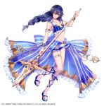 1girl 23/7 armlet black_hair blue_bow blue_footwear blue_legwear blue_nails bow braid breasts brown_eyes frills full_body hair_between_eyes heart holding holding_spear holding_weapon jewelry morino_bambi nail_polish navel official_art polearm sandals see-through small_breasts solo spear standing standing_on_one_leg thigh_strap toe_ring watermark weapon white_background wrist_cuffs 