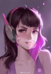  1girl assassin_h_xel backlighting brown_hair bubble_blowing chewing_gum d.va_(overwatch) eyelashes face facial_mark headphones long_hair nose overwatch portrait solo whisker_markings 