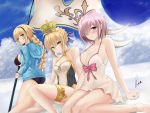  3girls ahoge artoria_pendragon_(all) artoria_pendragon_(swimsuit_archer) bangs bare_shoulders bikini black_bikini black_hairband blonde_hair blue_eyes blue_jacket blue_ribbon blush bow braid breasts cleavage closed_mouth collarbone covered_navel crown dress_swimsuit fate/grand_order fate_(series) flag french_braid green_eyes grey_swimsuit hair_bun hair_over_one_eye hair_ribbon hairband highres hips hood hooded_jacket jacket jeanne_d&#039;arc_(fate)_(all) jeanne_d&#039;arc_(swimsuit_archer) large_breasts lavender_hair legs long_hair looking_at_viewer mash_kyrielight multiple_girls one-piece_swimsuit open_clothes open_jacket pink_bow piukute062 ribbon short_hair single_braid small_breasts smile swimsuit swimsuit_of_perpetual_summer thigh_strap thighs two-tone_swimsuit very_long_hair violet_eyes white_swimsuit 