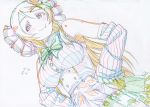  1girl ayase_eli bare_shoulders blonde_hair blue_eyes blush bow bowtie breasts closed_mouth color_trace dated dutch_angle eyebrows_visible_through_hair green_neckwear hands_on_hips highres large_breasts limited_palette long_hair long_sleeves love_live! love_live!_school_idol_project pink_x scan skirt smile solo traditional_media 
