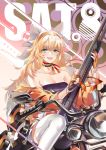  1girl bangs bare_shoulders blonde_hair blush boots breasts character_name cleavage collarbone eyebrows_visible_through_hair eyewear_removed girls_frontline gloves green_eyes gun hair_between_eyes hairband highres holding holding_gun holding_weapon italian_flag_neckwear jacket jiji_(pixiv10646874) long_hair looking_at_viewer machinery messy_hair off_shoulder open_clothes open_jacket open_mouth orange_eyewear orange_hairband partly_fingerless_gloves pleated_skirt s.a.t.8_(girls_frontline) scarf shield shotgun sidelocks sitting sitting_on_motorcycle skirt smile solo strapless sunglasses thigh-highs thigh_boots tubetop very_long_hair weapon white_footwear white_skirt 
