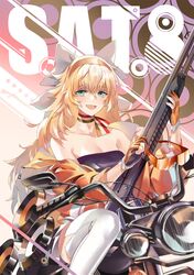  1girl bangs bare_shoulders blonde_hair blush boots breasts character_name cleavage collarbone eyebrows_visible_through_hair eyewear_removed girls_frontline gloves green_eyes gun hair_between_eyes hairband highres holding holding_gun holding_weapon italian_flag_neckwear jacket jiji_(pixiv10646874) long_hair looking_at_viewer machinery messy_hair off_shoulder open_clothes open_jacket open_mouth orange_eyewear orange_hairband partly_fingerless_gloves pleated_skirt s.a.t.8_(girls_frontline) scarf shield shotgun sidelocks sitting sitting_on_motorcycle skirt smile solo strapless sunglasses thigh-highs thigh_boots tubetop very_long_hair weapon white_footwear white_skirt 