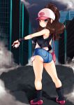  1girl aqua_eyes ass back bag bare_arms bare_legs bare_shoulders baseball_cap black_vest boots brown_hair city closed_mouth creatures_(company) day denim denim_shorts exposed_pocket frown full_body game_freak hair_through_headwear hand_up hat high_ponytail highres holding holding_poke_ball kneepits long_hair looking_at_viewer looking_back lun_(fatalism2018) nintendo outdoors outstretched_arm pocket poke_ball poke_ball_(generic) pokemon pokemon_(game) pokemon_bw shirt short_shorts shorts shoulder_bag sidelocks sleeveless sleeveless_shirt solo standing street touko_(pokemon) twisted_torso vest white_shirt wristband 