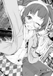  absurdres apocalipsejack black_hair caligula_(game) glasses greyscale headphones highres kantai_collection looking_at_viewer monochrome morita_naruko mutsu_(kantai_collection) mutsu_(snail) one_eye_closed open_mouth self_shot smile smol_nozomi sweater v 