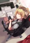  1girl :o blonde_hair chair desk eraser file from_above girls_frontline gloves green_eyes highres jewelry keyboard looking_back mouse_(computer) necktie office_chair pen ring sitting skindentation socks solo thigh_strap twintails welrod_mk2_(girls_frontline) yueqin_(monnpiano) 