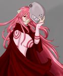 1girl bodysuit breasts cape commentary cosplay deadman_wonderland elfen_lied epicracharaptor grin helmet horns long_hair looking_at_viewer lucy_(elfen_lied) open_mouth pink_hair red_cape red_eyes shiro_(deadman_wonderland) shiro_(deadman_wonderland)_(cosplay) smile very_long_hair