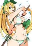  1girl :d bangs bikini blonde_hair bow breasts cleavage elf green_eyes groin hair_between_eyes hair_bow highres hips large_breasts leafa long_hair looking_at_viewer nac000 navel open_mouth pointy_ears ponytail side-tie_bikini simple_background smile solo string_bikini striped striped_bikini swimsuit sword_art_online very_long_hair water water_drop white_background 